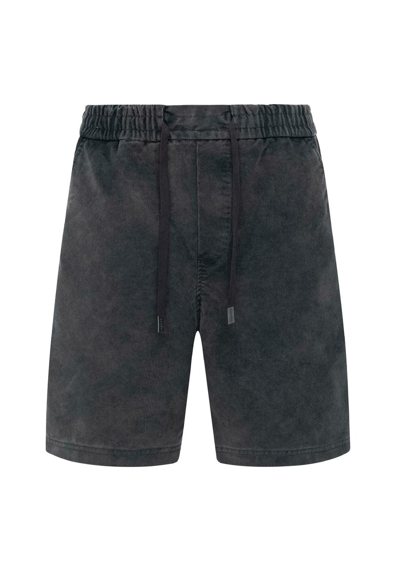 Donkergrijze shorts van textured stof, met een elastische tailleband en een trekkoord, evenals subtiele merkdetails.