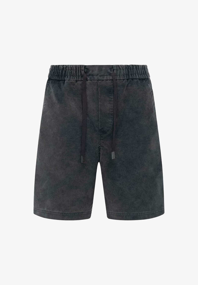 Donkergrijze shorts van textured stof, met een elastische tailleband en een trekkoord, evenals subtiele merkdetails.
