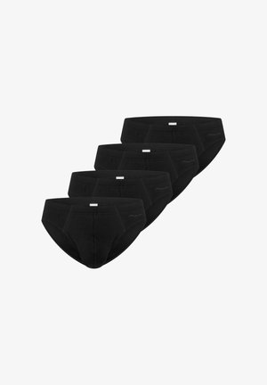 Fire identiske sorte mænds underbukser arrangeret i en trappetrinsrække mod en hvid baggrund.