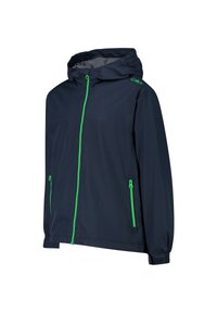 Marineblå vindjakke med hætte, prydet med lysegrønne lynlåse og detaljer, to frontlommer og justerbare ærmer. Glat, let materiale.