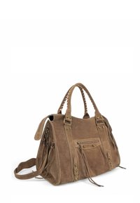 Sac à main en cuir suédé marron avec double poignées, poche zippée à l'avant, sangles latérales et bandoulière amovible sur fond blanc.