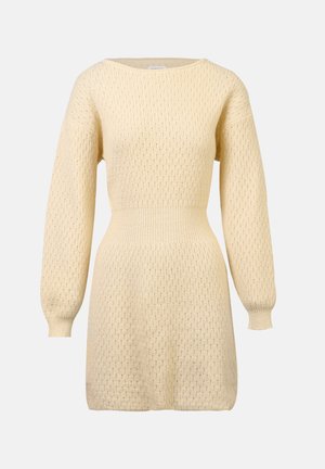 Robe tricotée en jaune clair avec un corsage ajusté, de larges manches amples et un motif texturé. Longueur mi-cuisse, col rond.