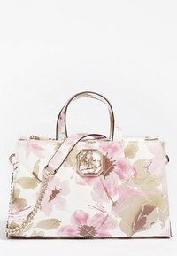 Sac à main à imprimé floral dans des teintes roses et beiges. Il présente des garnitures dorées, deux poignées, une sangle en chaîne amovible et une texture matelassée.