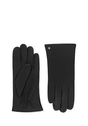 Ein Paar schwarze Lederhandschuhe flach präsentiert, einer zeigt die Handflächenseite mit elastischem Handgelenk, der andere zeigt die Rückseite mit kleinem Metall-Logo.