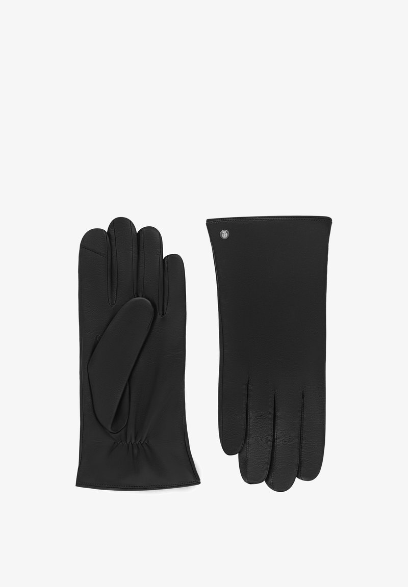 Ein Paar schwarze Lederhandschuhe flach präsentiert, einer zeigt die Handflächenseite mit elastischem Handgelenk, der andere zeigt die Rückseite mit kleinem Metall-Logo.