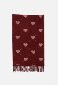 Fular burgundy cu un model de inimi roz, având margini franjurate. Fabricat din material moale, prezentând o aranjare în diamant a inimilor.