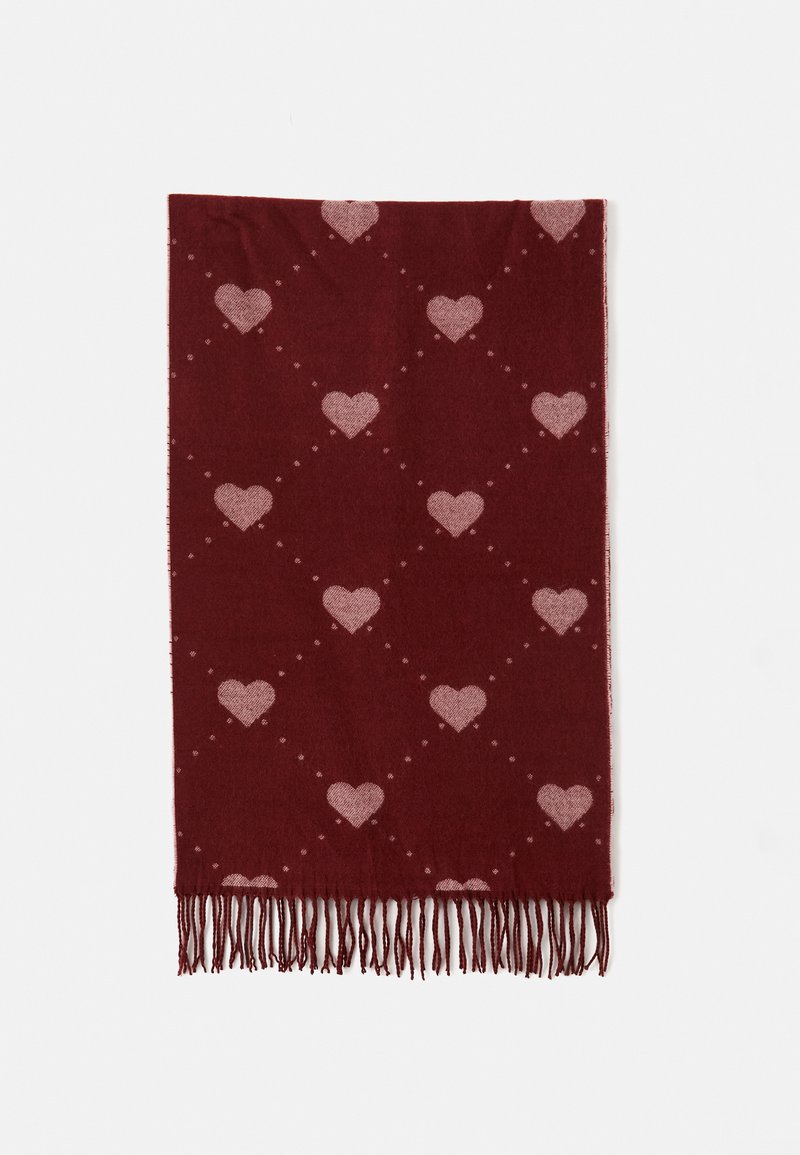 Fular burgundy cu un model de inimi roz, având margini franjurate. Fabricat din material moale, prezentând o aranjare în diamant a inimilor.