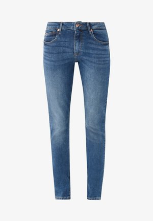 Skinny blue jeans made of denim with a faded finish, five pockets, and a button-fly closure. Clear stitching details along seams.