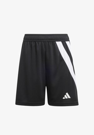 Schwarze Sportshorts aus leichtem Material mit einem elastischen Bund, versehen mit einem diagonalen weißen Streifen und einem kleinen weißen Logo am Saum.