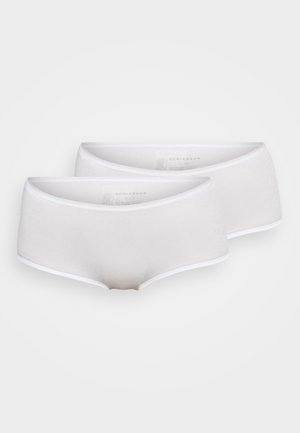 White cotton hipster briefs with a smooth texture, featuring a soft waistband and minimal stitching details, presented in a pack of two.