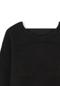 Maglione nero lavorato a maglia con una superficie strutturata e un ampio scollo rotondo. Il materiale sembra morbido e leggermente a coste.