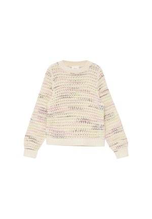 Maglione lavorato a maglia color crema con righe orizzontali multicolori, tra cui rosa, giallo e verde. Polsini e orlo a costine.