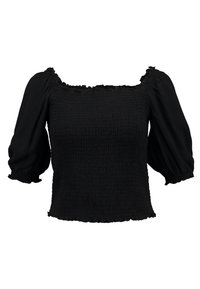 Černý smocked top s krátkými puff rukávy, čtvercovým výstřihem a texturovanou tkaninou. Obsahuje volánkové okraje na výstřihu a spodním lemu.