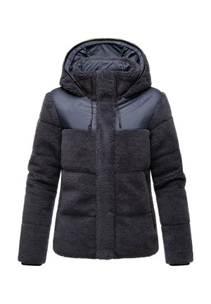 Veste gris foncé avec une texture duveteuse, des sections rembourrées, une capuche, et des accents de tissu lisse sur les épaules. Comprend des cordons de serrage réglables.