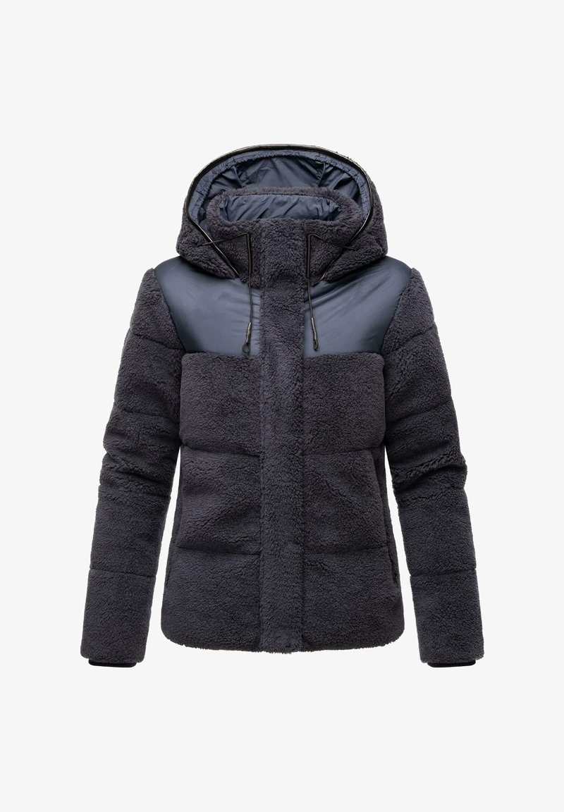 Ciemnoszara kurtka o puszystej teksturze, z wyściełanymi elementami, kapturem oraz gładkimi akcentami z tkaniny na ramionach. Zawiera regulowane sznurki.