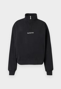 Μαύρη φούτερ μπλούζα με φερμουάρ μέχρι το στήθος, ψηλό γιακά, ελαστικά μανσέτες και μέση, και λευκό λογότυπο "NAPAPIJRI" κεντημένο στο στήθος.