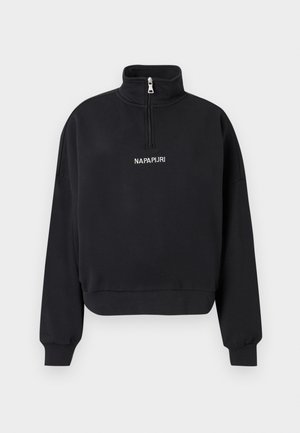 Μαύρη φούτερ μπλούζα με φερμουάρ μέχρι το στήθος, ψηλό γιακά, ελαστικά μανσέτες και μέση, και λευκό λογότυπο "NAPAPIJRI" κεντημένο στο στήθος.