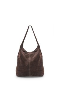 Braune Wildleder-Schultertasche mit einem einzelnen breiten Tragegurt und sichtbarer Mittelnaht, präsentiert vor einem weißen Hintergrund.