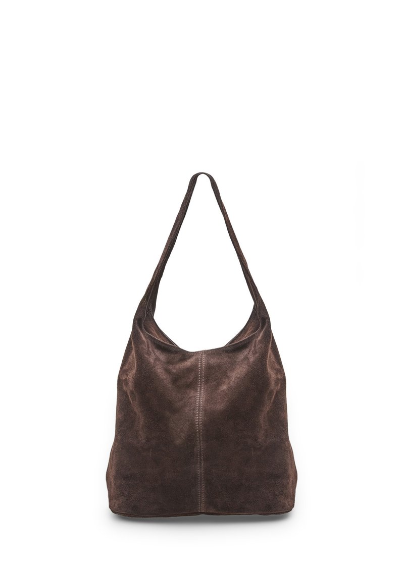 Braune Wildleder-Schultertasche mit einem einzelnen breiten Tragegurt und sichtbarer Mittelnaht, präsentiert vor einem weißen Hintergrund.
