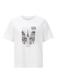 Hvid bomulds t-shirt med en sort/hvid grafisk illustration af Eiffeltårnet, med teksten "LONG WEEKEND" og "PARIS" i fed skrift.