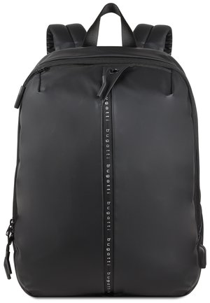 Black backpack made of smooth, flexible material. Features a central zipper with logo print, padded straps, and a sleek silhouette.