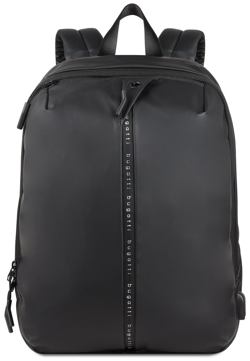 Zaino nero realizzato in materiale liscio e flessibile. Presenta una zip centrale con stampa del logo, spallacci imbottiti e una silhouette elegante.