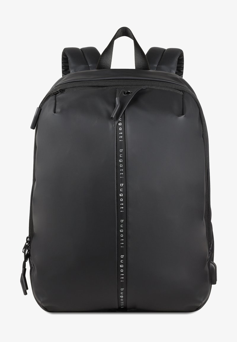 Musta reppu, joka on valmistettu sileästä ja joustavasta materiaalista. Varustettu keskitetyllä vetoketjulla, logo-printillä, pehmustetuilla hihnoilla ja tyylikkäällä siluetilla.