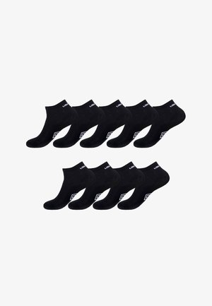 Dix paires de chaussettes noires à la cheville avec des logos de marque blancs sur les poignets et les côtés, disposées en deux rangées bien ordonnées sur un fond blanc.