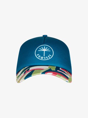 Casquette bleue avec une couronne arrondie, arborant un logo blanc à l'avant et une visière colorée à motifs dans des tons de rose, vert et bleu.