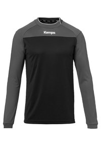 Langærmet sportstrøje med sort krop og grå ærmer. Har en rund halsudskæring og et hvidt "Kempa" logo på brystet. Lavet af letvægtsstof.