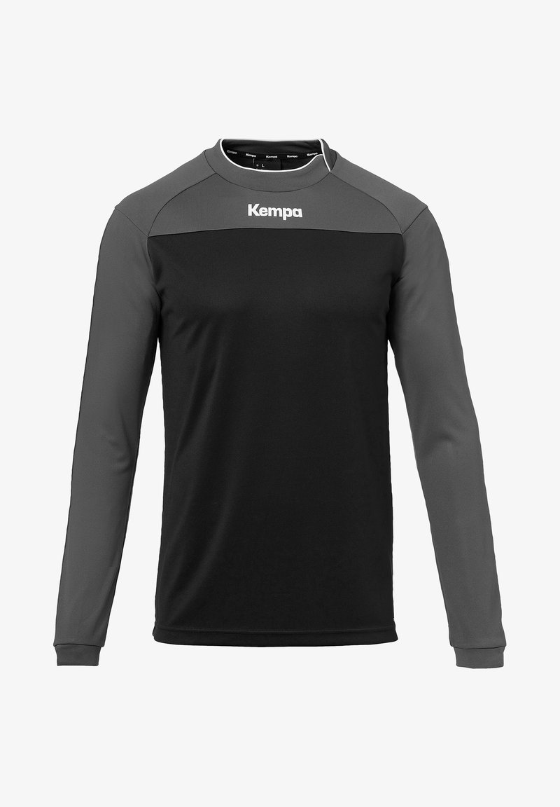 Langærmet sportstrøje med sort krop og grå ærmer. Har en rund halsudskæring og et hvidt "Kempa" logo på brystet. Lavet af letvægtsstof.