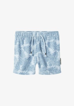 Ljusblåa tygshorts med palmblads mönster. Har en justerbar dragsko i midjan och en mjuk känsla.