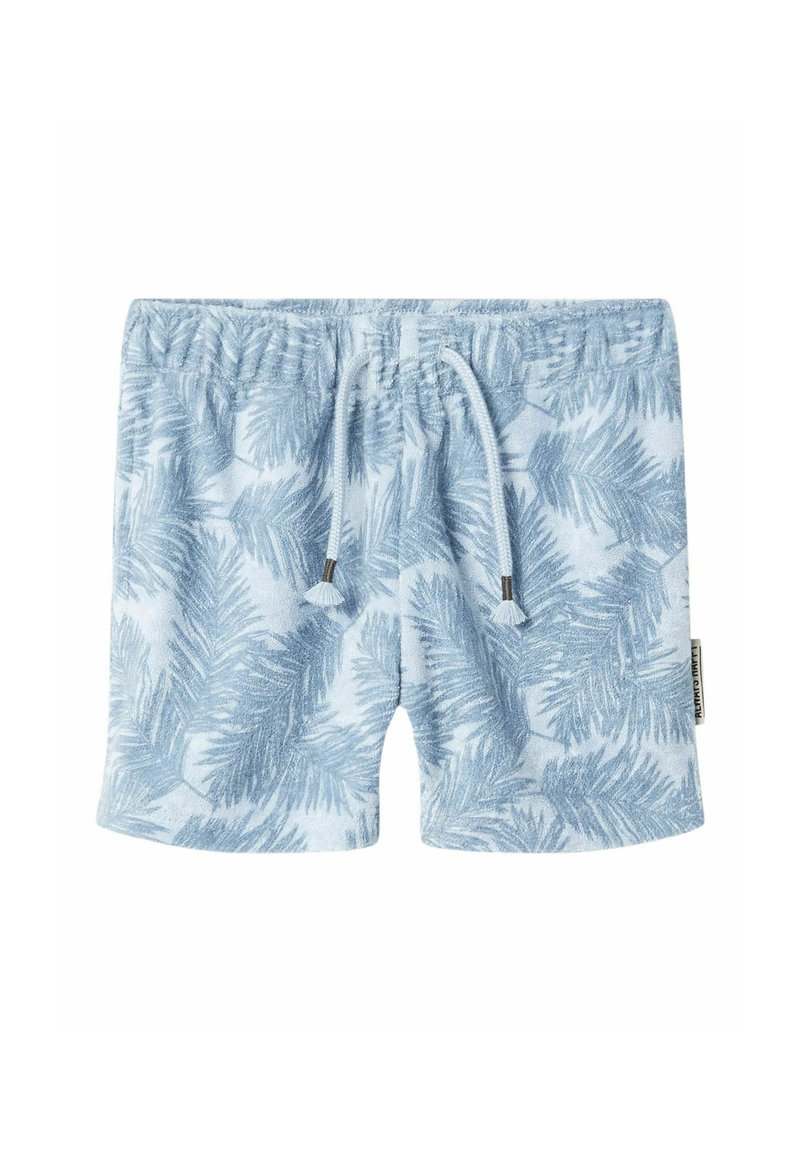 Pantaloni shorts in tessuto azzurro chiaro con motivo a foglia di palma. Presentano una vita regolabile con cordoncino e una texture morbida.