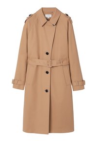 Trench-coat beige avec col, boutons noirs sur le devant, ceinture à la taille, épaulettes et sangles de manche réglables.