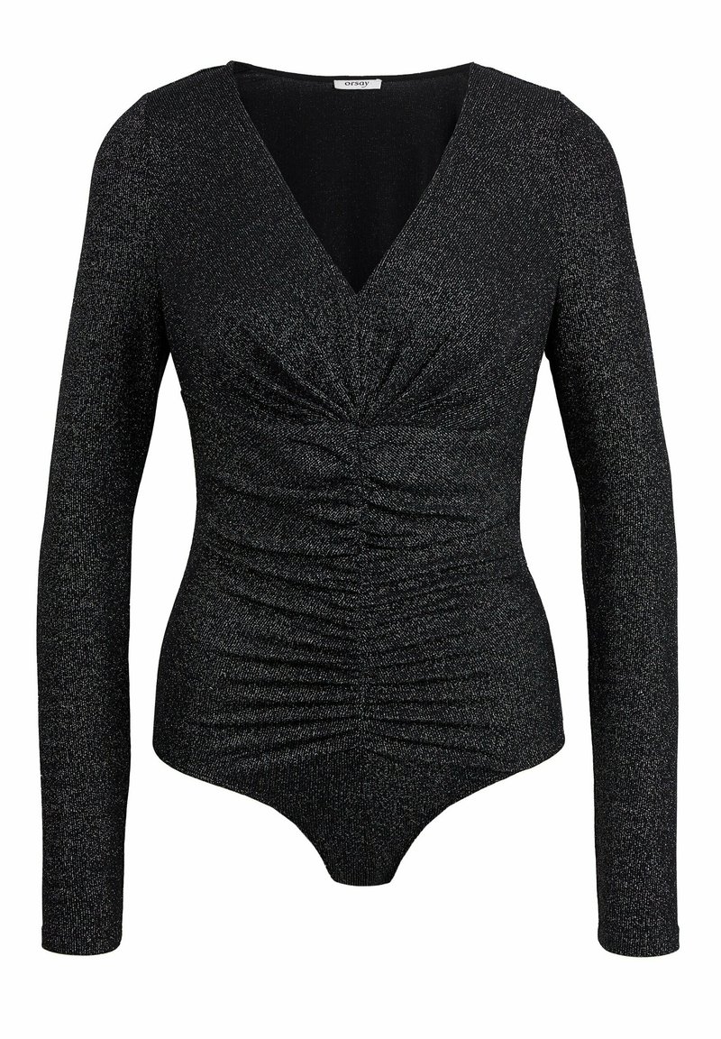 Schwarzer Langarm-Bodysuit mit V-Ausschnitt, strukturierten, gerafften Details an der Vorderseite und glatter Oberfläche; aus einem glänzenden, enganliegenden Stoff gefertigt.