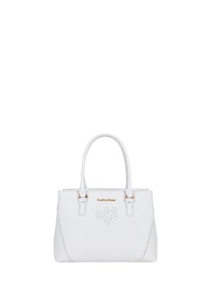 White leather handbag with dual handles, gold brand logo, and perforated heart and letter design on front center.