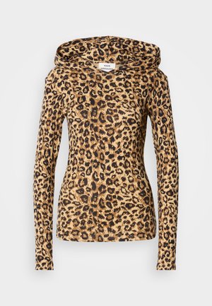 Sweatshirt com padrão de leopardo em tecido suave. Mangas longas, um corte relaxado e um capuz espaçoso. Predominantemente beje com manchas castanhas escuras.