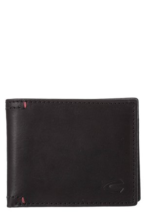 Black leather wallet with a minimalist design, featuring contrasting red stitching and embossed logo detail.