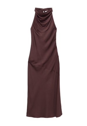 Brown sleeveless dress with a cowl neckline and asymmetric hem, made from smooth fabric. Features a subtle drape and minimal detailing.
