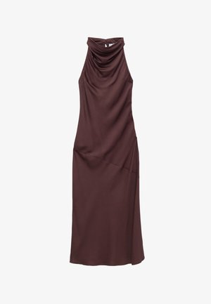 Brown sleeveless dress with a cowl neckline and asymmetric hem, made from smooth fabric. Features a subtle drape and minimal detailing.