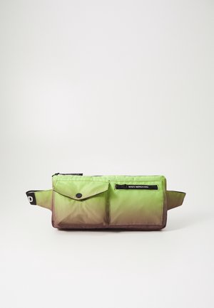 Green and brown gradient waist bag with two front pockets, one flap pocket with snap button and one zip pocket labeled "MADS NØRGAARD".