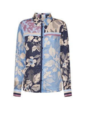 Camicia a maniche lunghe con collo con bottoni, caratterizzata da una fantasia floreale e a puntini astratti multicolore nei toni del blu, beige e viola.