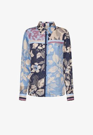 Camicia a maniche lunghe con collo con bottoni, caratterizzata da una fantasia floreale e a puntini astratti multicolore nei toni del blu, beige e viola.