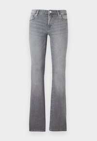 Grå utsvingte jeans laget av denim med en myk tekstur, med fem lommer og en metallknapplukking i midjen.