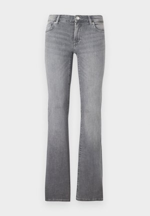 Jeans grigi in denim a zampa d'elefante con una trama morbida, dotati di design a cinque tasche e chiusura con bottone metallico in vita.