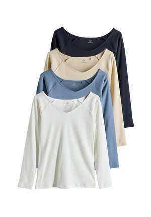 Set of four long-sleeve shirts: navy, beige, light blue, and white. Each features a scoop neckline and a soft, textured fabric.