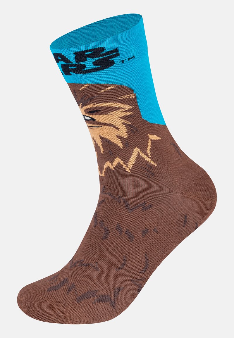 Braune Socken mit einem Charakterdesign und einem blauen oberen Abschnitt. Die Textur ist gerippt, und es gibt detaillierte Muster überall.