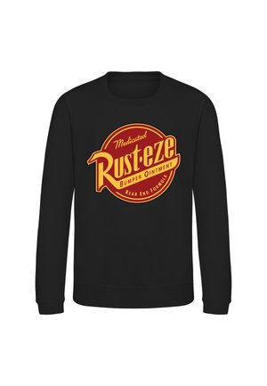 Sort sweatshirt med lange ærmer med et rødt og gult cirkulært Rust-eze-logo og ordene "Medicated Bumper Ointment Rear End Formula" på forsiden.