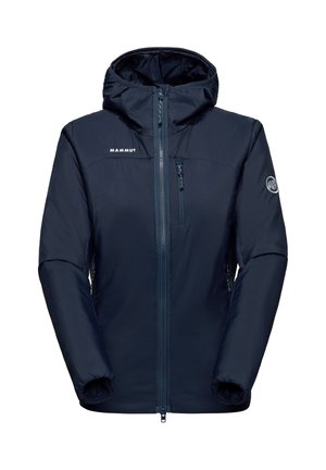 Navyblaue Kapuzenjacke mit Frontreißverschluss, Reißverschlusstasche auf der Brust, elastischen Bündchen und Mammut-Logos auf der Brust und dem linken Ärmel.