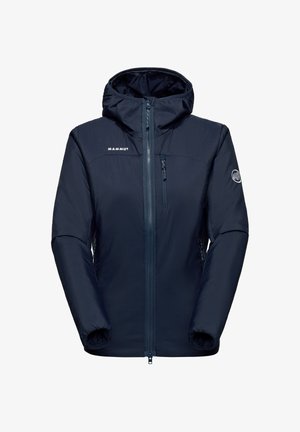 Giacca con cappuccio blu navy con zip frontale, tasca sul petto con zip, polsini elasticizzati e loghi Mammut sul petto e sulla manica sinistra.